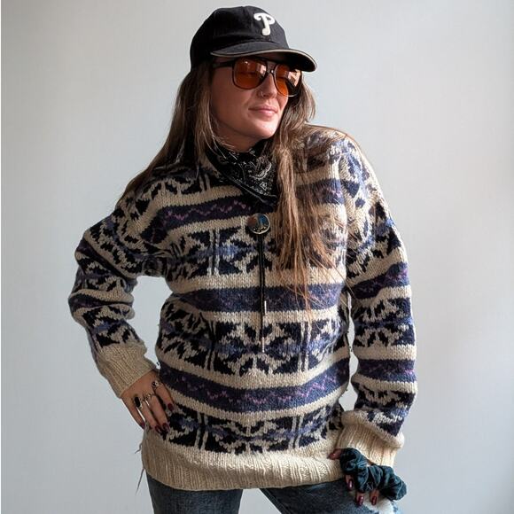 Vintage Wool Chunky Knit Fairisle Sweater Cosby Grandpa Cottagecore Top Medium - Picture 6 of 9